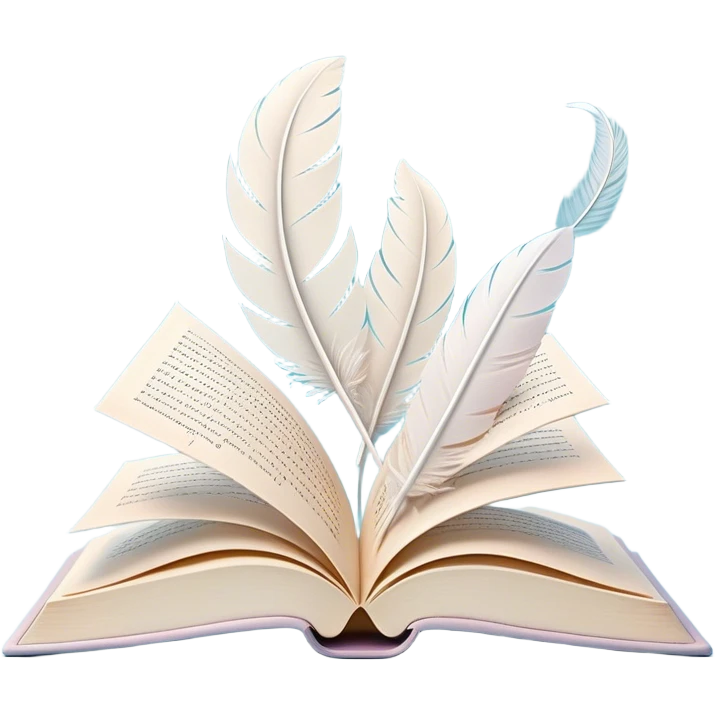 Create a delicate and poetic emoji representing poetry. The design should feature several elegantly flying pages with short poetic columns written on them. The pages should appear light and flowing, almost as if being carried by the wind. Include a white feather gently resting on the pages, symbolizing creativity and inspiration. Use soft, pastel tones to give it a dreamy, artistic feel. The design should feel ethereal and whimsical, capturing the essence of poetry. Make the background transparent. emoji