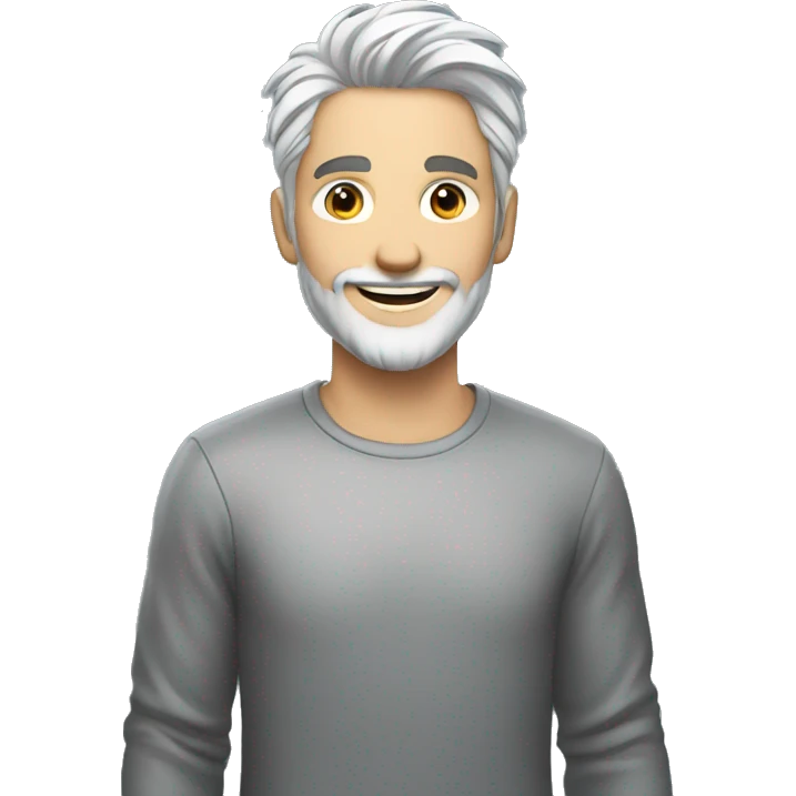 Tall young man with silver hair and silver beard smiling and waving emoji