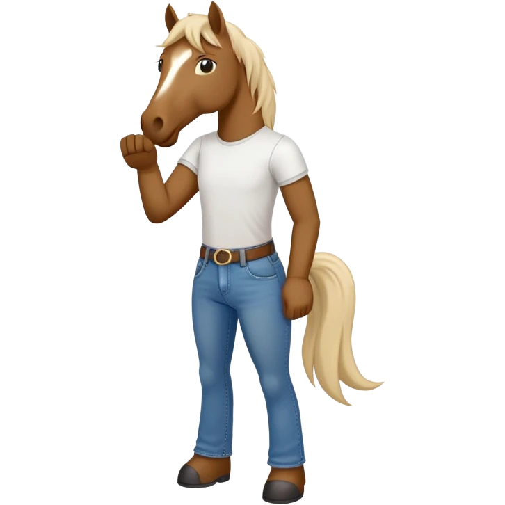 friendly anthropomorphised stallion in jeans and a t-shirt, standard pose emoji