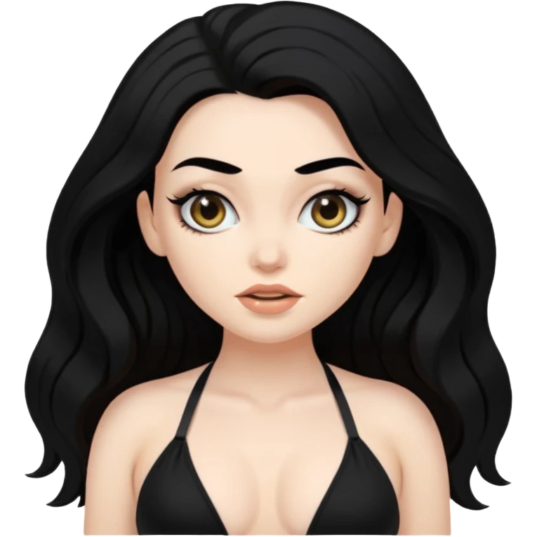 a BADDIEEE with pale skin, dark features,long black hair, in a black bikini and crazy curves, more tan, bushy eyebrows  emoji