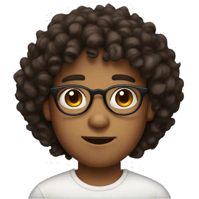 Dark brown curly har boy, with round glasses, semi thick lips, and triangle head shape emoji