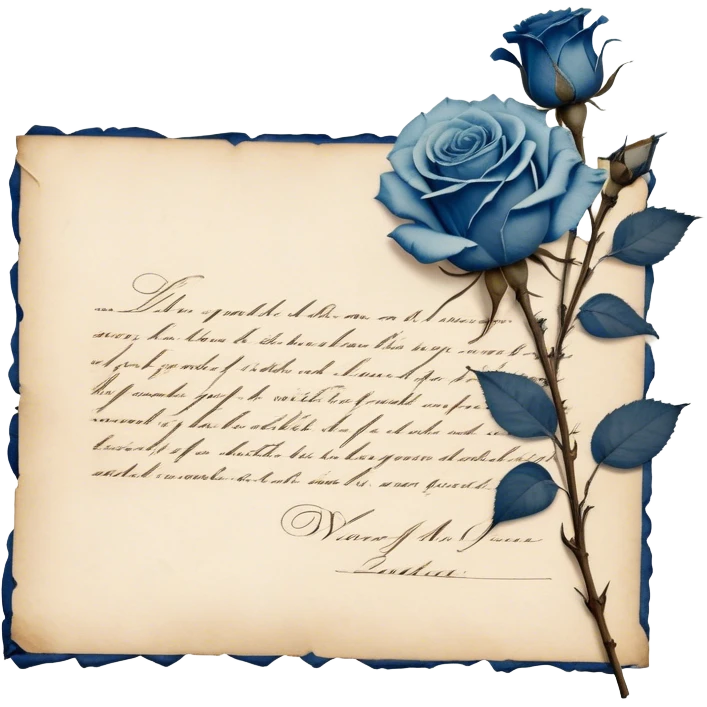An antique handwritten letter with dried light blue roses and a navy wax seal, vintage aesthetic. emoji