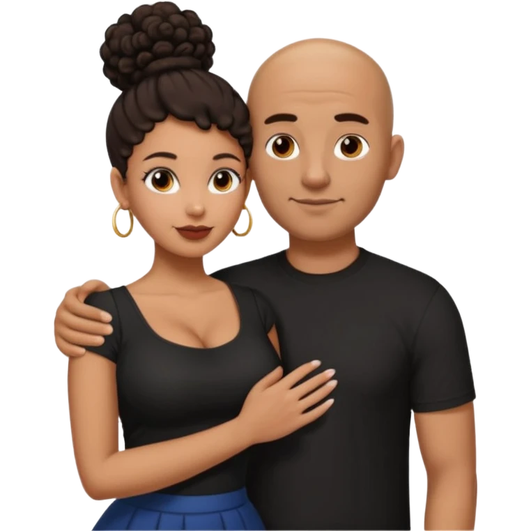 A picture of a tanned couple with the man's arm around her. the man is a Mexican man with tanned skin, a bald hair cut, short beard and wearing a black shirt. the woman is mixed, with curly dark brown hair in a big bun and with big boobs  emoji