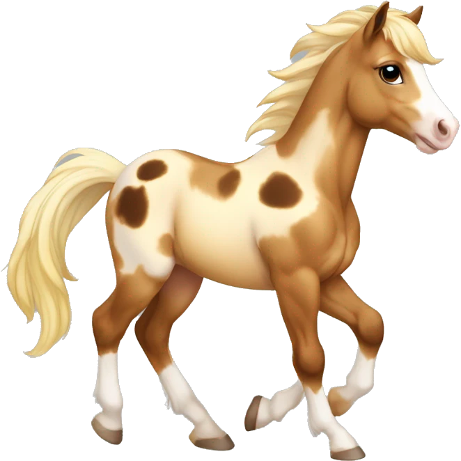 Piebald tricolor palomino yellow brown horse foal with dark brown spots baby running emoji