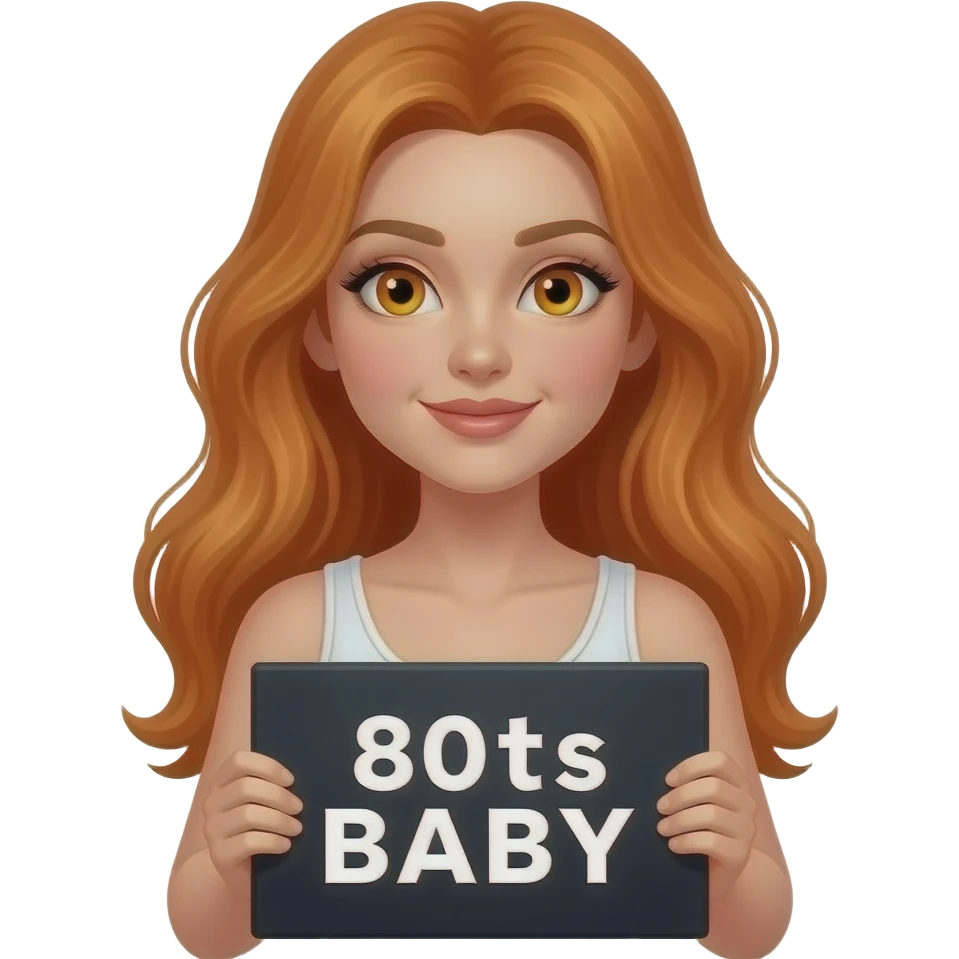 sexy girl with long ginger hair and ginger eyes wearing a white tanktop is holding a black sign with 80s BABY written on it emoji