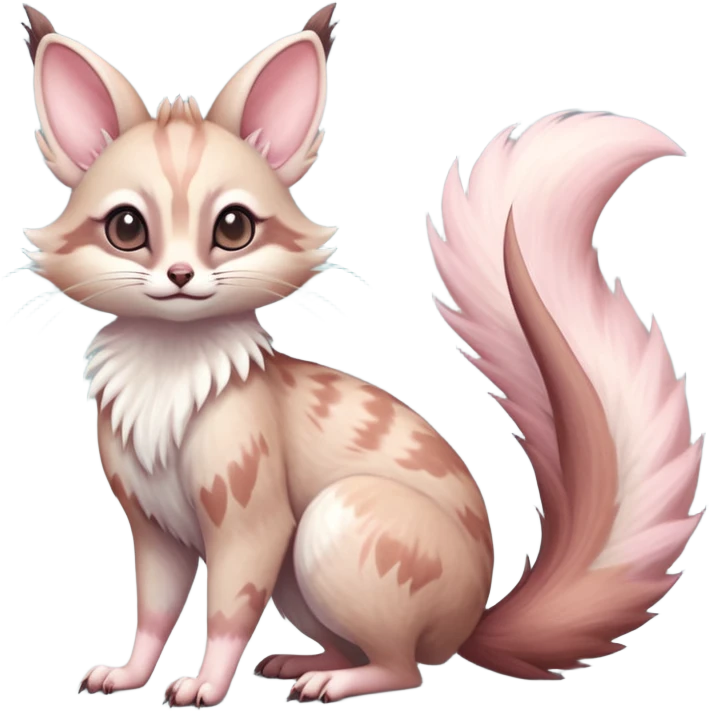 Whitish pastel brown-pointed pastel-pink soft natural realistic romantic vintage antique divine beautiful elegant pretty precious cute young youthful  Fakémon-Pokémon-alien-opossum-squirrel-feline-serval-caracal-chinchilla-Minccino-hybrid-creature with a big fluffy bushy tail (full body) emoji