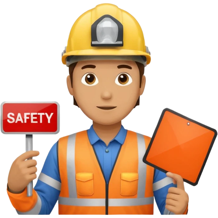 a guy wearing safety outfit with helmet holding a panel written on it SAFETY FIRST emoji