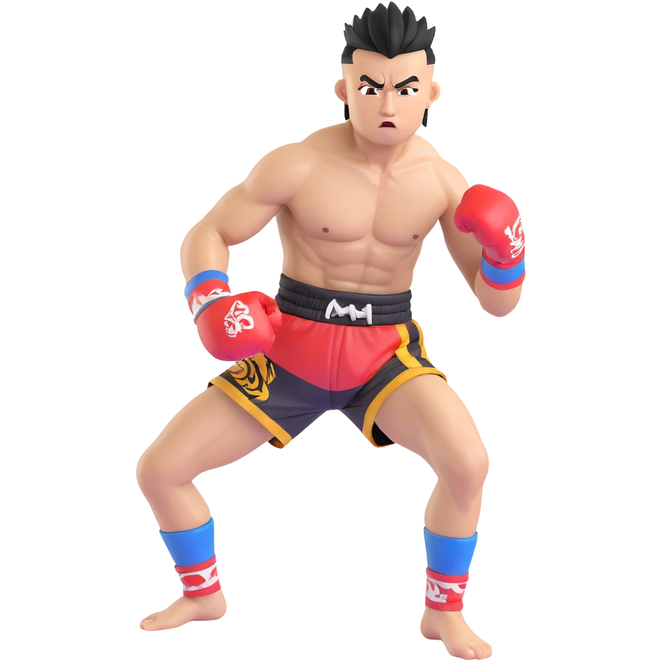 Rodtang Jitmuangnon with mohawk, intense expression, muscular build, in fighting stance, wearing mongkhon headband and Muay Thai shorts emoji
