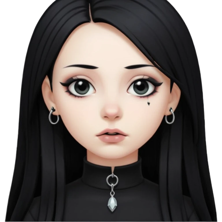 goth girl, straight long black hair, vertical labret lip piercing, black mock neck shirt emoji