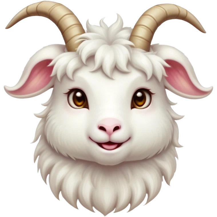 Cinematic Cute White Goat Portrait Emoji, Head tilted playfully and inquisitively, featuring a fluffy, immaculate white fur with charming curved horns, round, sparkling eyes filled with gentle curiosity, Simplified yet irresistibly adorable features, highly detailed, glowing with a warm, friendly glow, high shine, affectionate and lively, stylized with a touch of whimsical charm, bright and endearing, soft glowing outline, capturing the essence of a mischievous yet loving goat, so playful it feels like it could trot out of the screen and into your arms! emoji