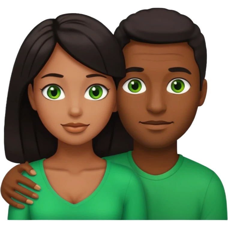 black man and woman with dark hair and green eyes embracing, emoji style emoji