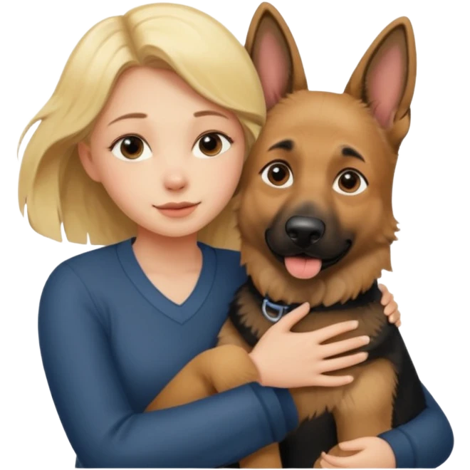 Garota loira fofa abraçando um cachorro pastor alemão  emoji