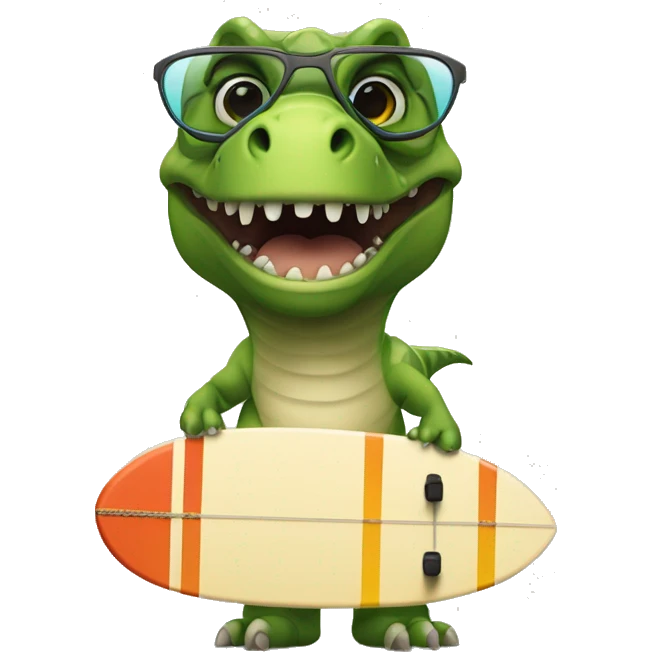 Un dinosaurio montado en una tabla de surf con unas gafas emoji