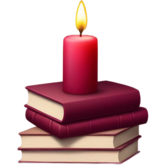 A maroon book stack adorned with ruby-red chrysanthemums and a candle emoji