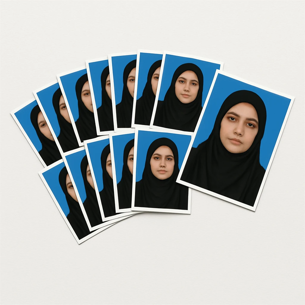 Remove all text from the image. Increase the number of passport size photos arranged in a fan-shaped collage. Keep the adult Pakistani woman in modest attire and the blue backgrounds. Place the collage on a clean white background. emoji