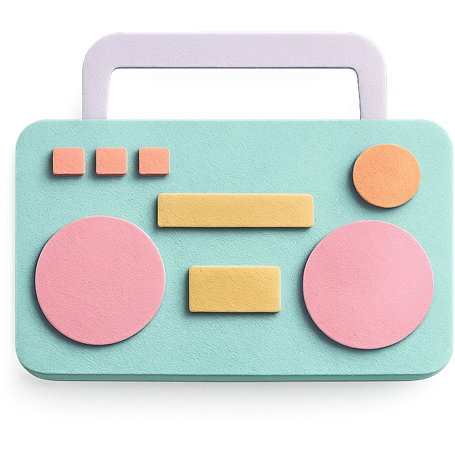 small portable boombox in paper-craft style with pastel colors and simple design emoji