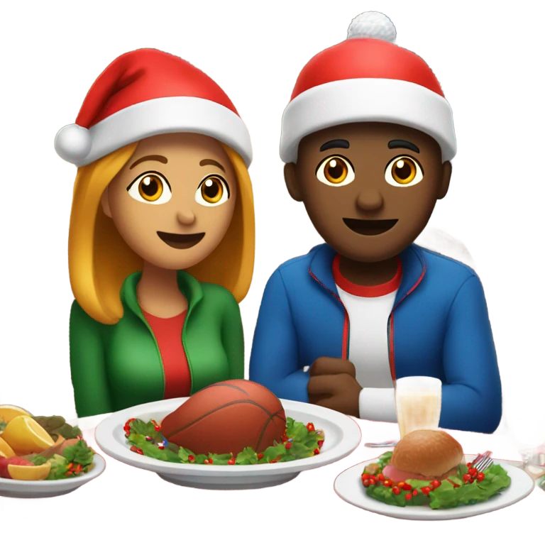 Sports emoji couple, man and woman in sportswear, sitting at the New Year's dinner table with a red Christmas hat emoji