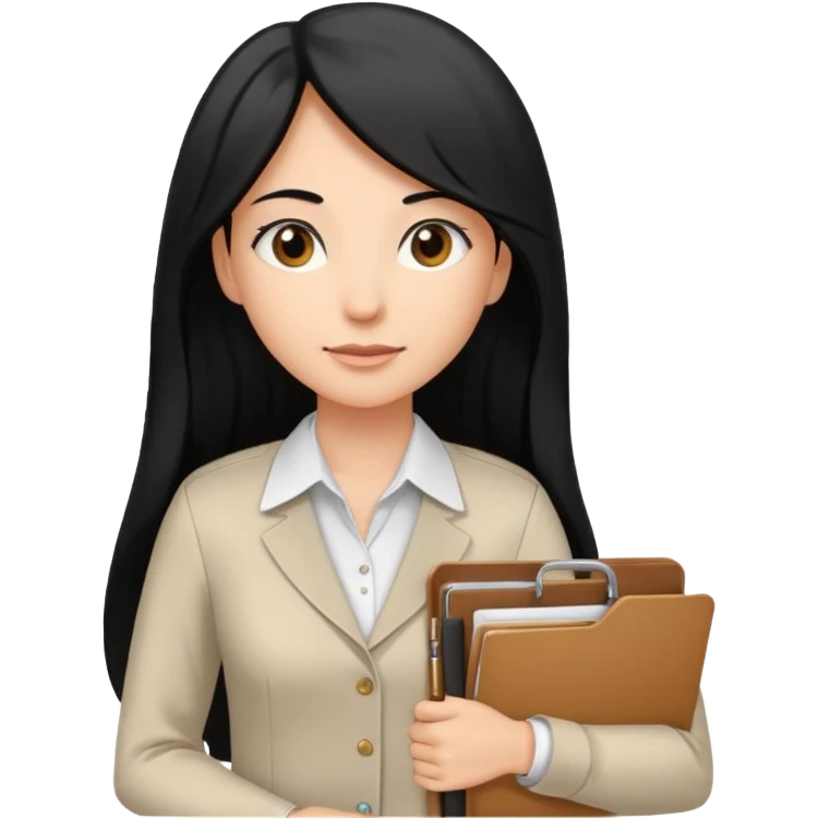 a light tan woman with long black hair past mid-back, round brown eyes, with folders in her hands. she has a id lanyard on and white professional blouse. emoji