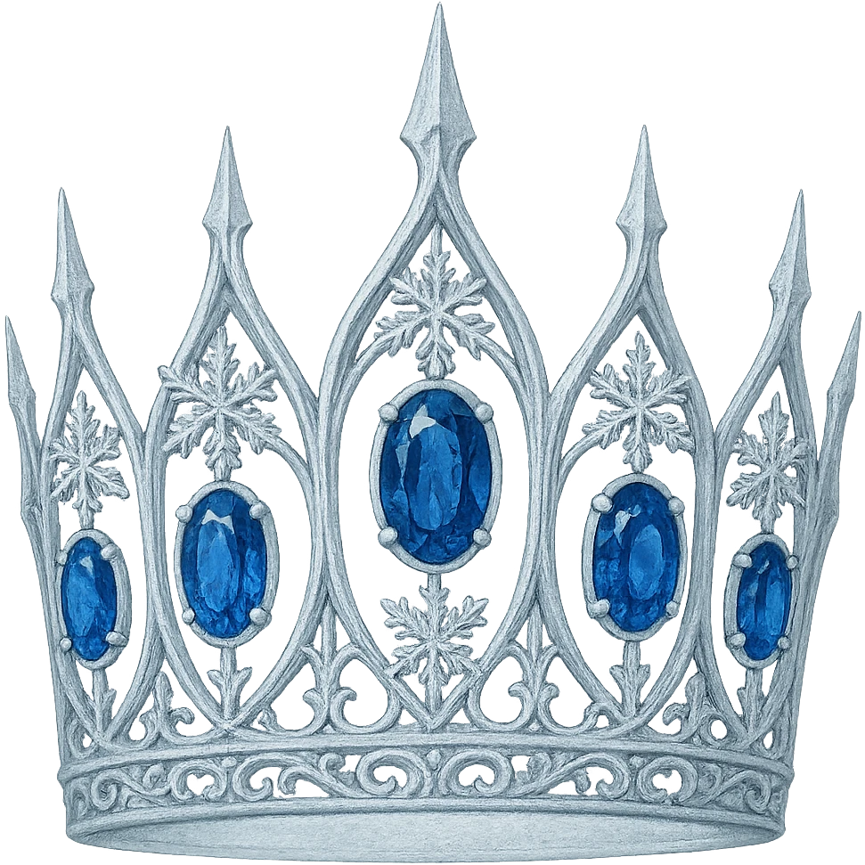 gothic crown in icy white with blue sapphires and snowflake motifs, wintry and elegant emoji