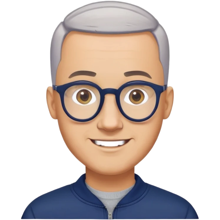 Man with light skin, oval face, buzz cut extremely short on top with faded sides, short peppered gray beard, large black-framed glasses, smiling face, broader body build, navy blue zip-front sweatshirt with long sleeves emoji