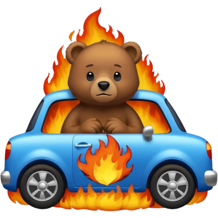 brown bear calmly sitting in a blue car engulfed in flames emoji