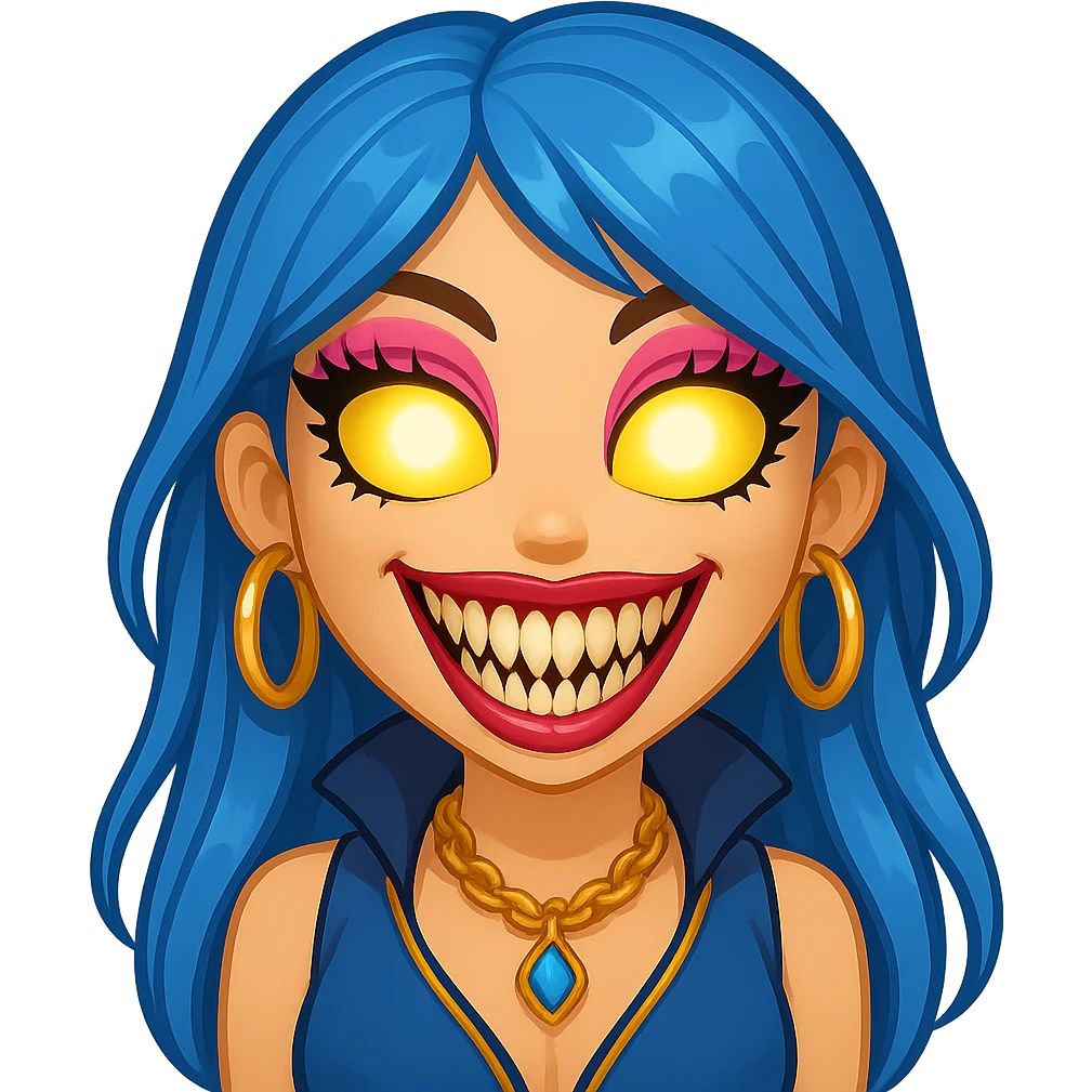 Add glowing eyes to the character, keep the creepy gyaru style with blue hair and pretty makeup, bratz baddie vibe, in emoji style with no background. emoji