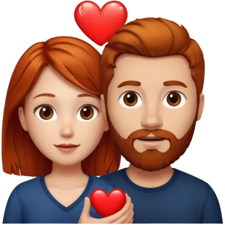 👩🏼‍❤️‍👨🏽 Something like this, but make the guy more lighter and give the girl a bit more red hair like ginger style make the guy have dark brown hair, same with the beard and add a heart in the middle above us make the guy have darker beard and hair emoji