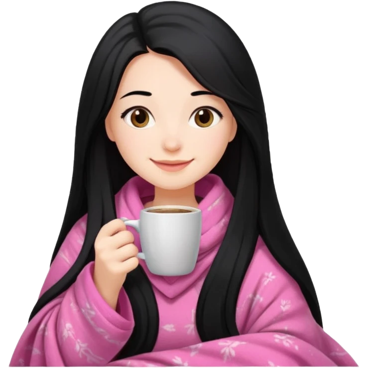 pretty girl with very long black hair, cozy in a pink blanket, drinking coffee emoji