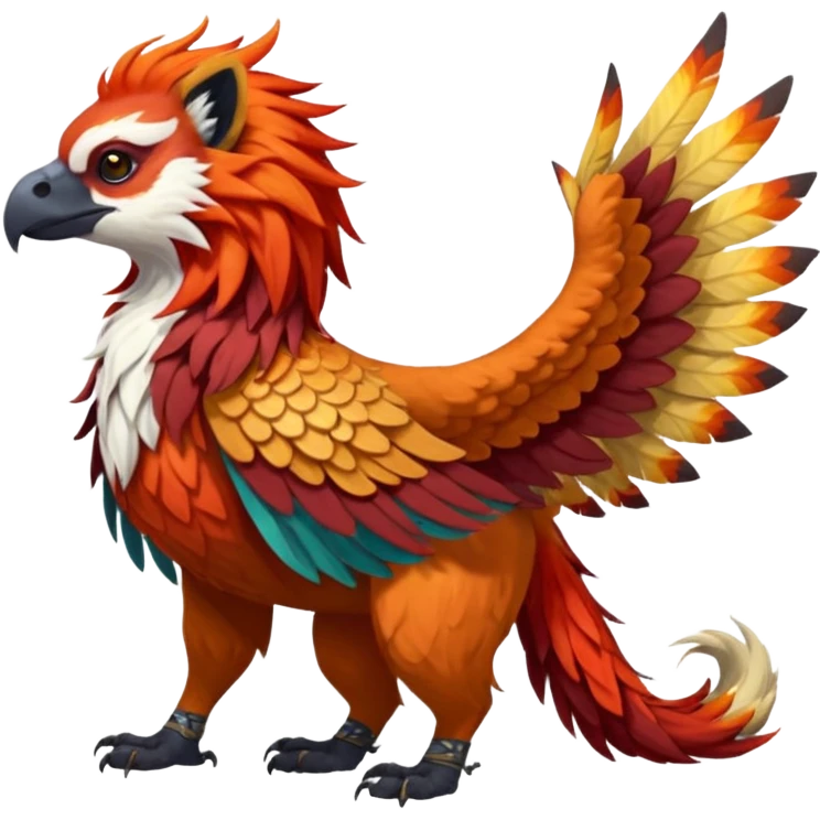 4-legged colorful realistic scaly winged long-big-beaked Gryphon-Griffin-Griffsnuff-Talonflame-Silvally-Braviary-Red-Panda-fusion-hybrid-animal-Fakémon-creature, full body, with a long thin tufted lion-tail emoji