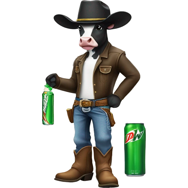 Cow holding a mountain dew in its hand and wearing jeans boots and a cowboy hat emoji