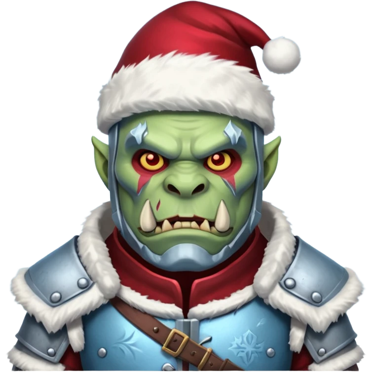 
Fantasy Christmas orc legion soldier icon, iron tundra army theme, heavy winter armor, disciplined brutal look, icy blue steel armor with deep crimson accents, frozen metal texture, cold winter atmosphere, male variant emoji