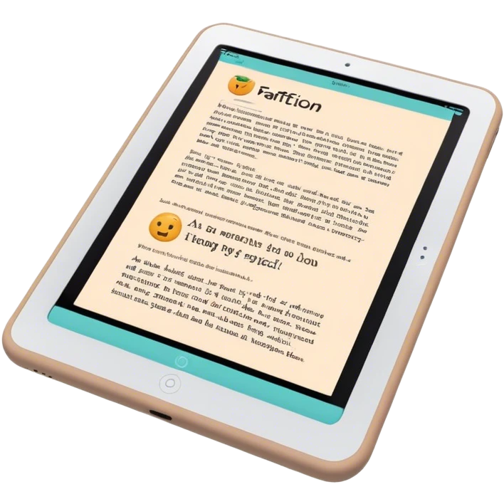 Create an emoji representing fanfiction writing. The design should feature a digital device tablet with visible text, symbolizing the creative process of writing fanfiction. Add a subtle reference to popular fictional characters or universes to indicate the fan aspect. Use a playful, imaginative color palette, blending vibrant tones with soft neutrals. Do not include any emojis or smiley faces. Make the background transparent. emoji