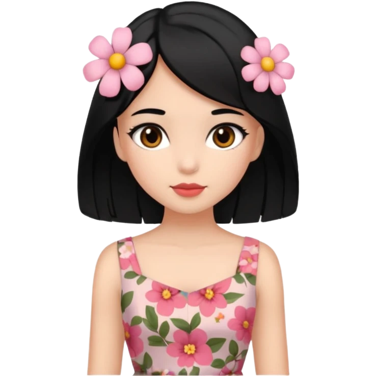 Pretty cute girl wearing a coquette dress, black hair with cute flowers, brown eyed emoji