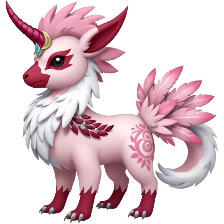 Floral feathery pastel pink and ruby-jewelry-adorned Absol-Amaura-fusion-Fakemon-animal-creature  emoji