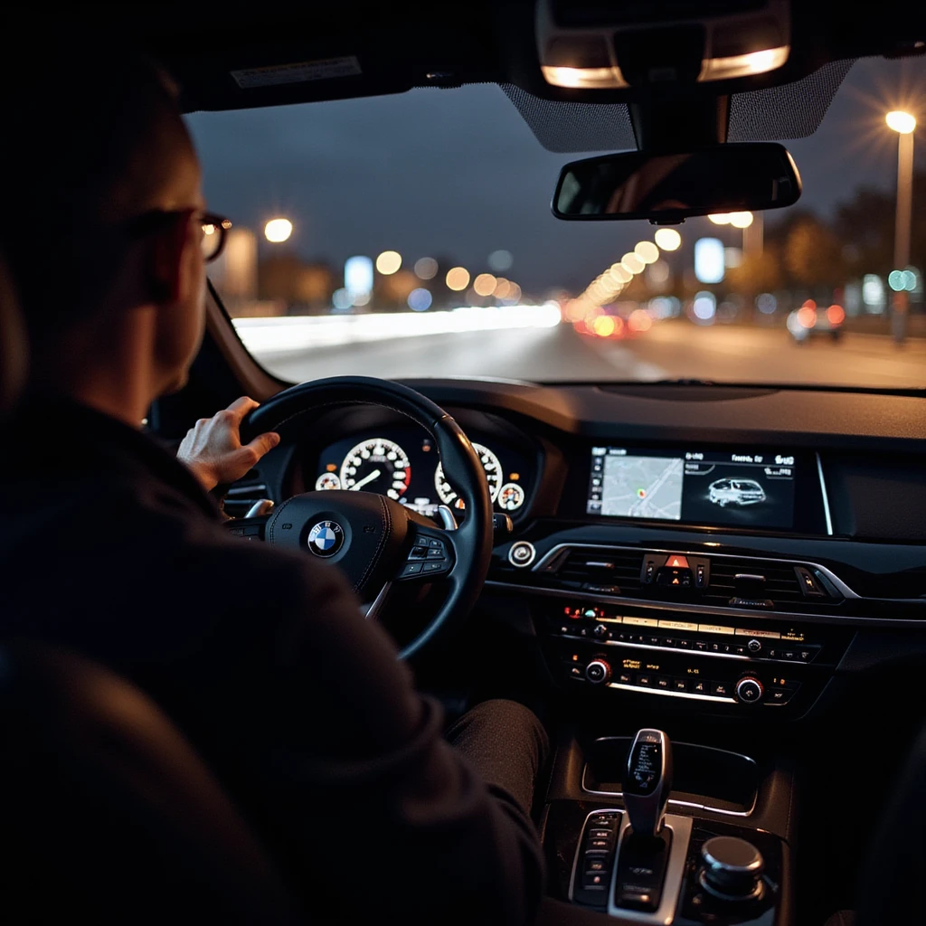 BMW Series 7 2024, cockpit view at night in Bucharest, one hand on the wheel, city lights outside, motion blur on car and background, highly realistic, photorealistic emoji