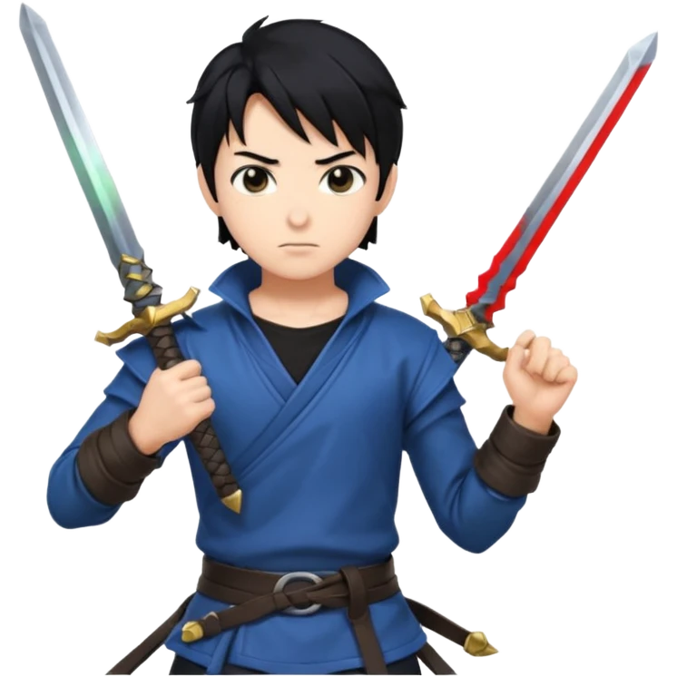 Create me an anime character boy emoji looking very cool with swords on his hand emoji