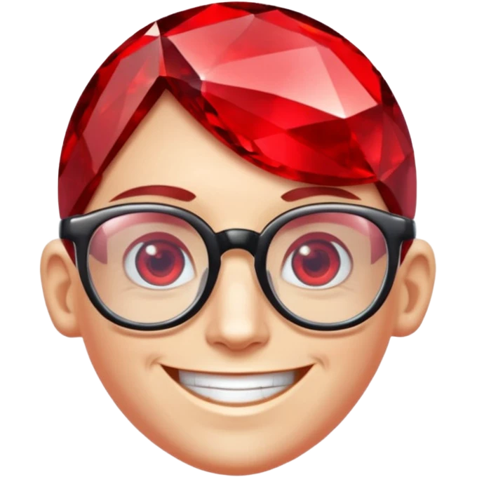 A single red crystal gemstone character wearing glasses,  irregular with faceted very sharp sides, smile, , high detail, emoji