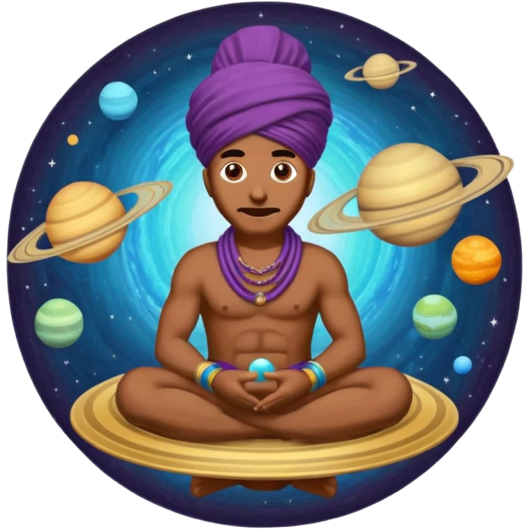 A bold emoji-style illustration with Saturn 🪐 as the dominant element, clearly showing its bright rings. Inside the planet, a stylized man wearing a colorful turban 👳🏾‍♂️, depicted as a mystical or adventurous character, sitting or floating within Saturn, integrated with the planet’s texture. . emoji