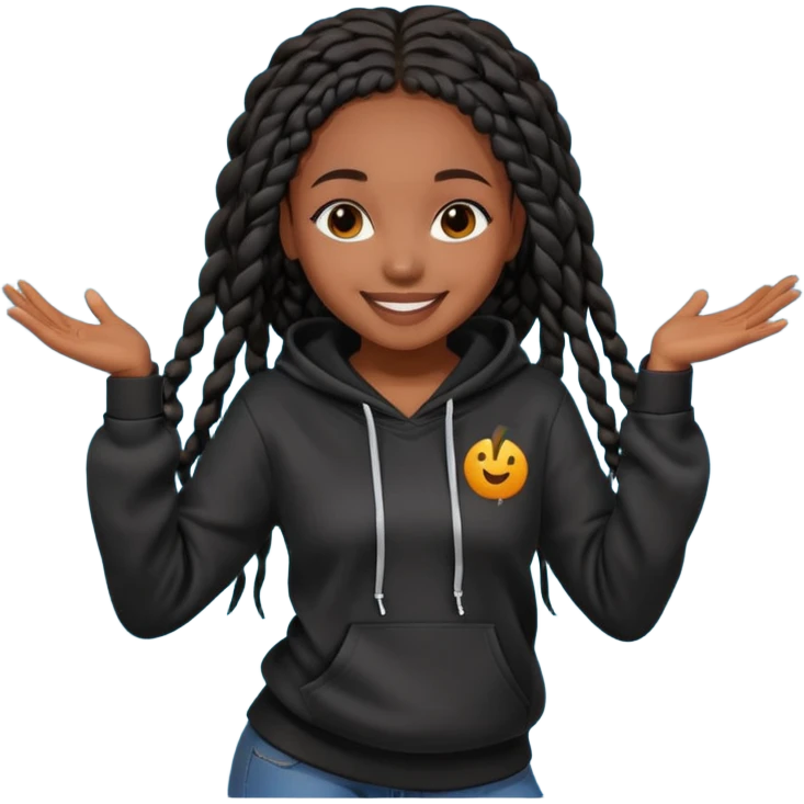 African American gir dark skin complextion a l with long black box braids wearing black hoodie dancing emoji