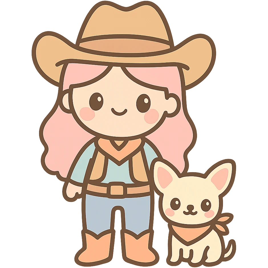 femme cowboy avec son chihuahua, style kawaii, chihuahua avec bandana emoji