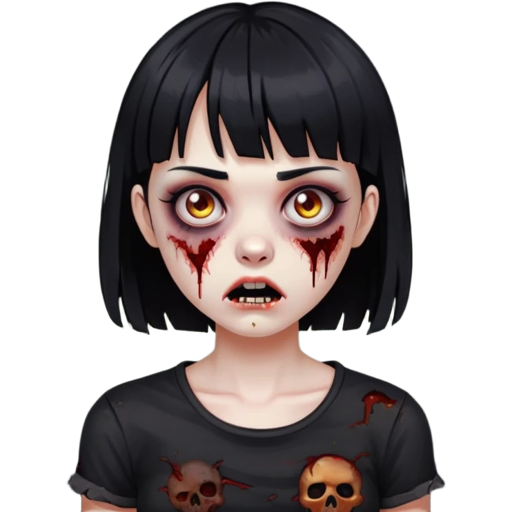 zoombie girl with black hair and short bangs wearing a destroyed black top  emoji