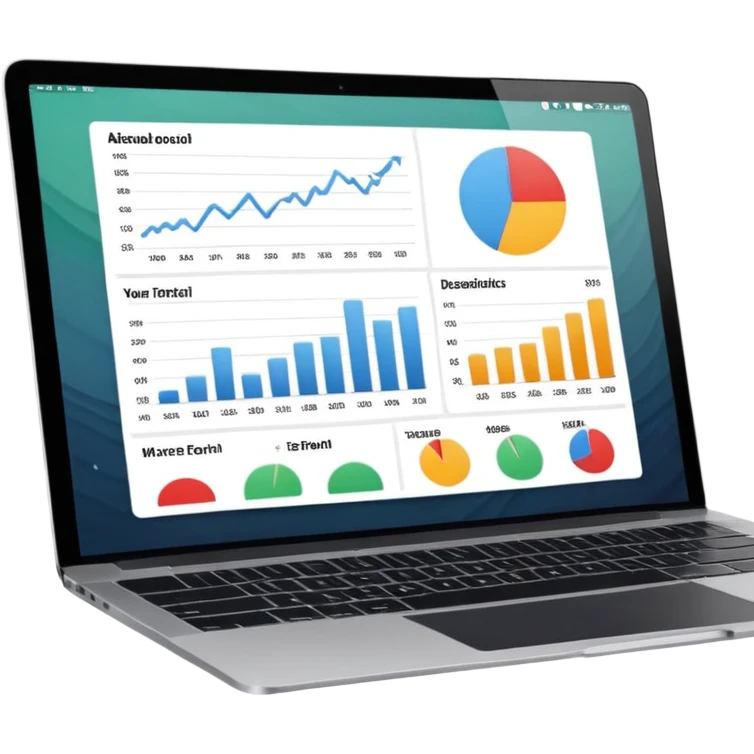 Create a macbook displaying financial charts and black analytics dashboards on the screen. emoji