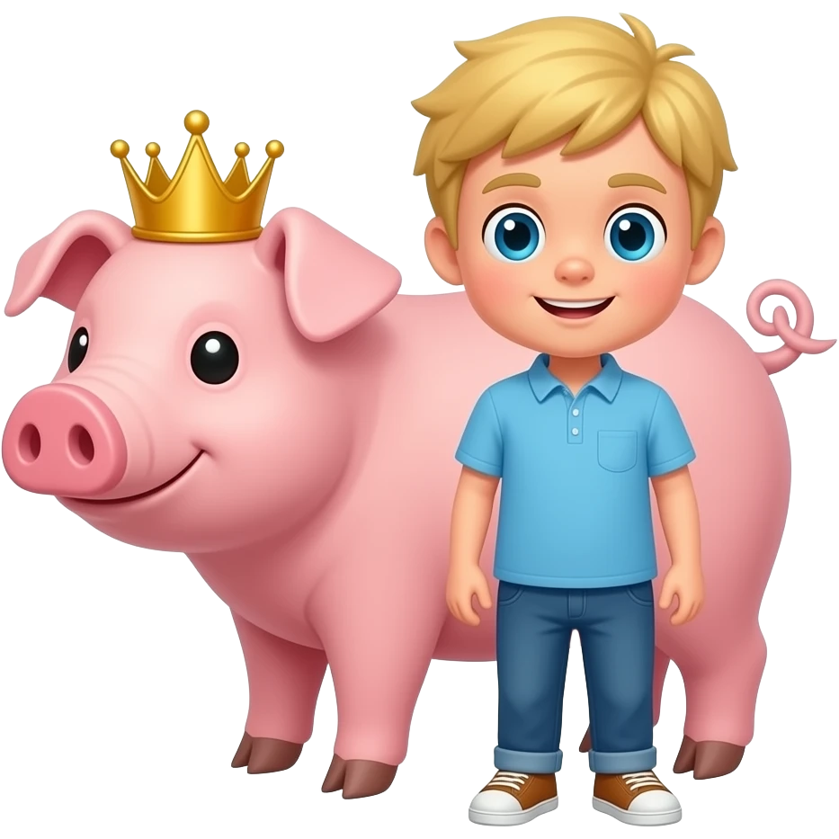 ein Junge mit einem viereckigen kopf und blonden haaren und im hintergrund ein schwein mit einer krone emoji