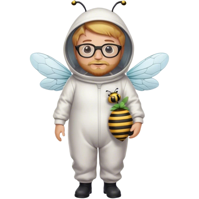 full body medium plus size bee keeper with  short light strawberry blonde hair and goatee wearing glasses  emoji