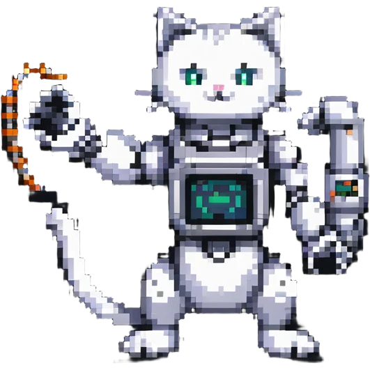 pixel art cat with a robotic arm, retro gaming vibe emoji
