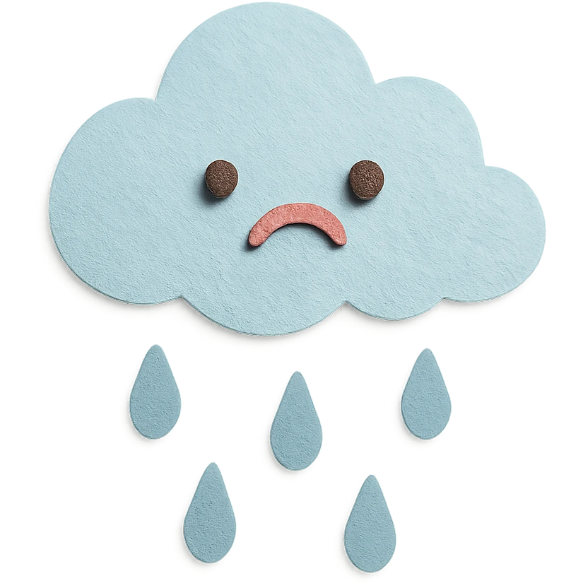 soft pastel cute rain cloud with soft blue raindrops and sad face, no arms, no legs, full body, soft pastel kawaii paper craft style emoji