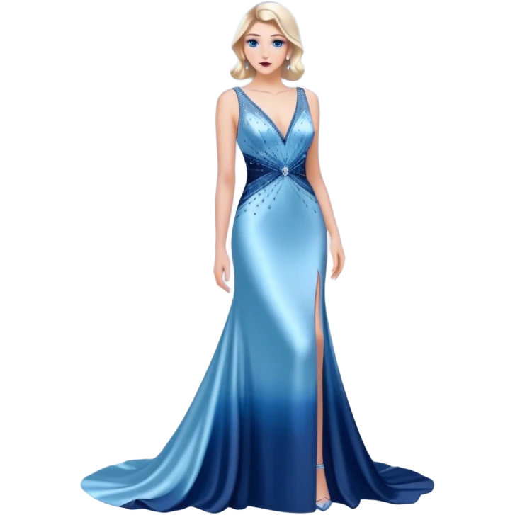 caucasian woman, in long slim pastel blue formal party satin dress with gradient shiny sparkling navy blue diamonds embroidered, full body full figure emoji