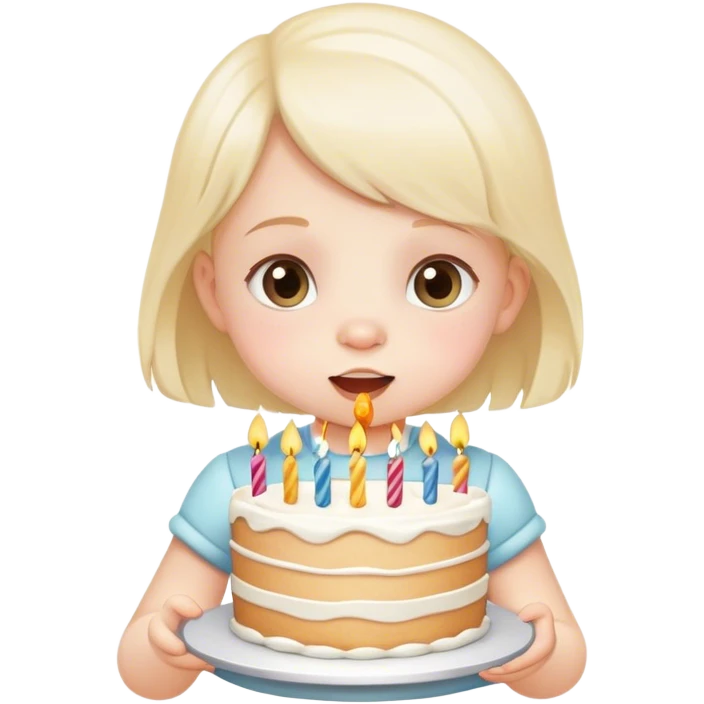 casual young baby girl in white eating birthday cake emoji