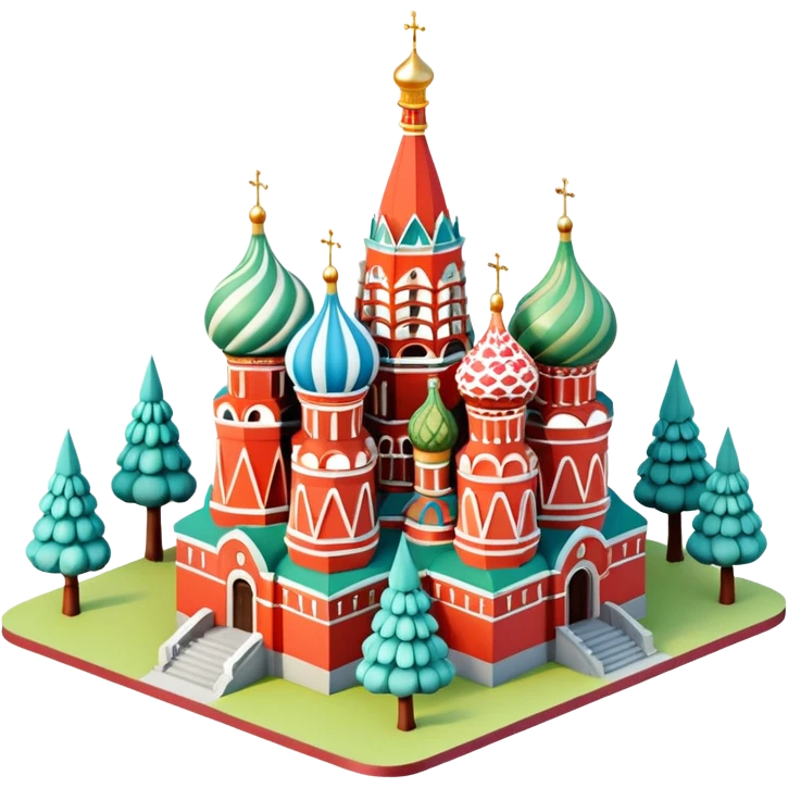 Isometric illustration of Moscow, featuring Saint Basil's Cathedral with its colorful onion domes, Red Square elements, and toy-like trees around, in miniature diorama style, soft shadows and pastel colors. emoji