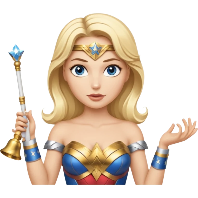 Blonde blue eyed Wonder Woman holding white orchestra conductor’s baton and bell emoji